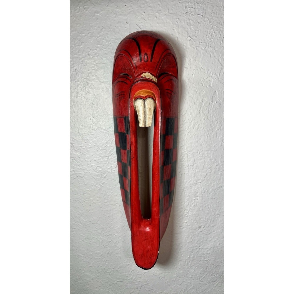 Red Carved Wood Tribal Style Wall Mask Boho Tiki Decor 16"